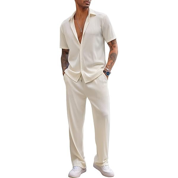 Men's 2 Piece Outfit Casual Short Sleeve Button Down Shirt Beach Summer Loose Pant Sets